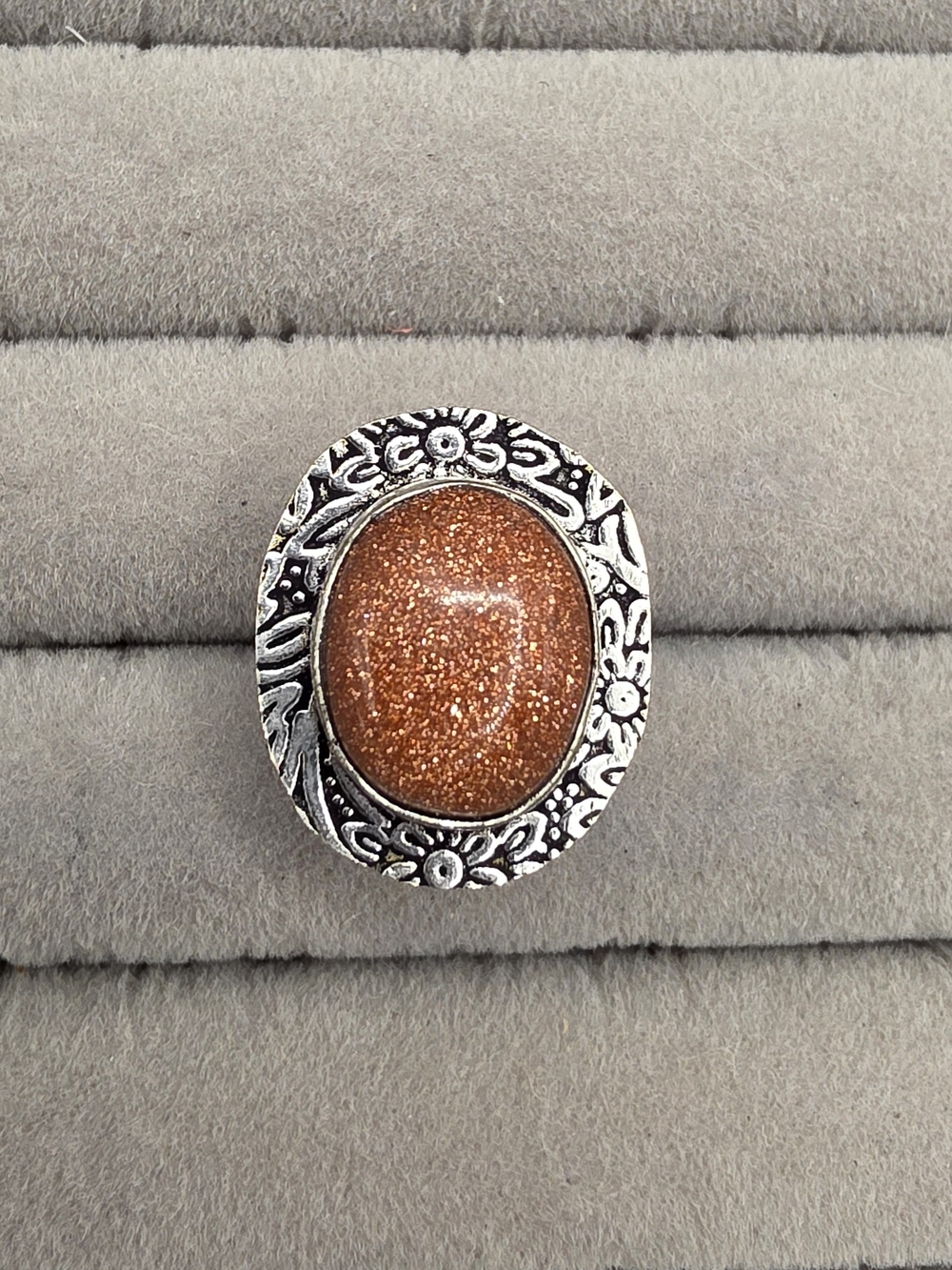 Silver Plated Goldstone Oval Statement Ring - Women Jewelry